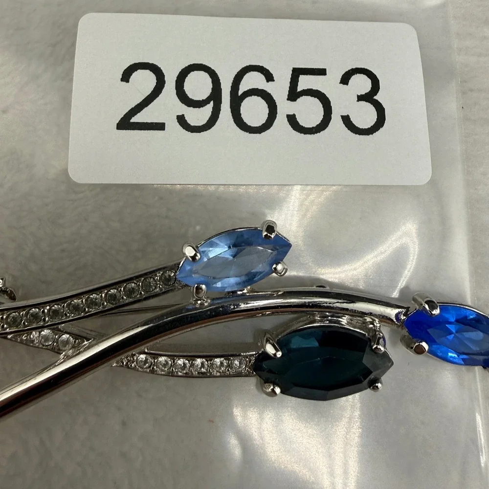 Vintage Rhinestone Brooch Silver Tone Blue Marquise Crystal  Floral Spray
